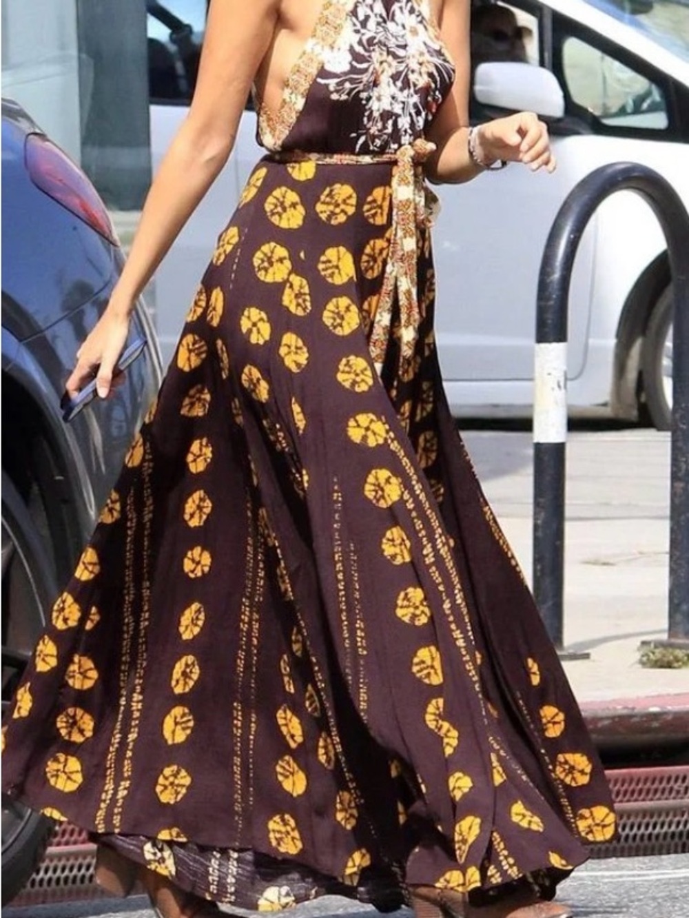 Free People Brown Maxi skirt pants with Yellow Print